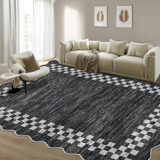 GarveeHome Area Rug 6x9 Large Living Room Modern Border Throw Rug with Rubber Backing Stain Resistant Dining Room Throw Carpet Washable Scalloped Rug for Bedroom Home Decor Office, Grey