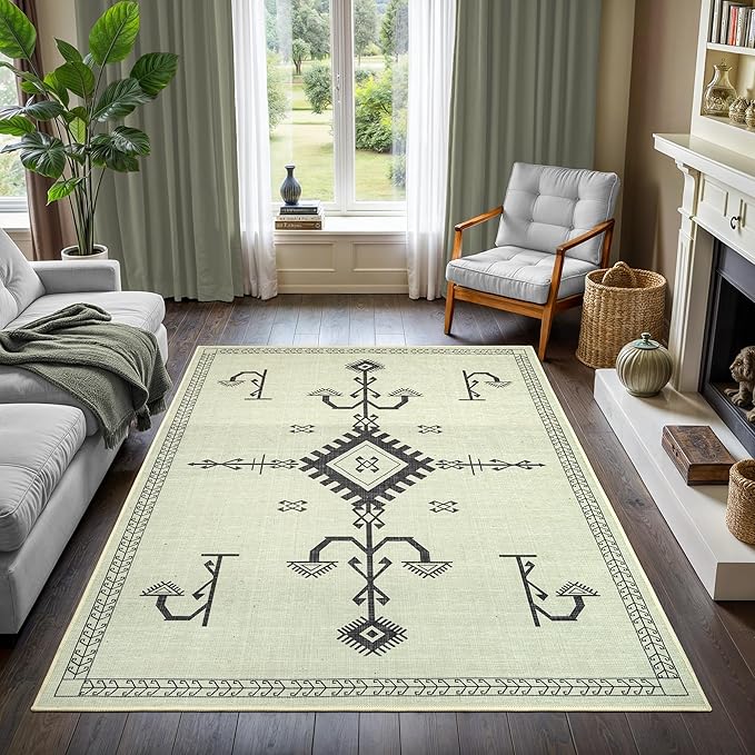 GLN Rugs Contemporary Collection - Machine Washable Area Rug, Contemporary Washable, Non Slip, Low Pile Chenille Rug, Living Room, Bedroom, Kitchen Rug (5' x 7' Cream/Anthracite)