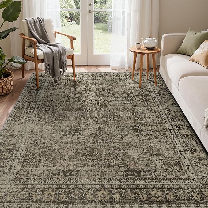 5x7 Area Rug Machine Washable Boho Rug for Living Room,Ultra-Thin Low Pile Carpet,Lightweight Indoor Printed Rug,Non Slip Floral Area Rug for Bedroom, Dining Room, Home Office,Vintage Sage Green