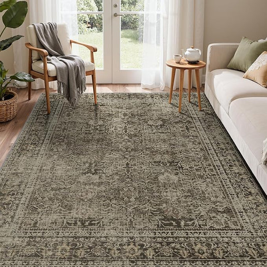 5x7 Area Rug Machine Washable Boho Rug for Living Room,Ultra-Thin Low Pile Carpet,Lightweight Indoor Printed Rug,Non Slip Floral Area Rug for Bedroom, Dining Room, Home Office,Vintage Sage Green