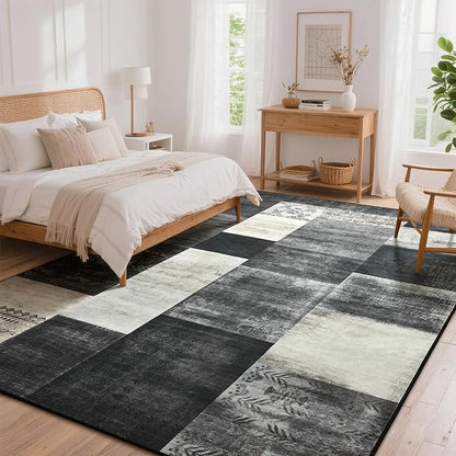 Tepook Modern Area Rug for Living Room, 6x9 Geometric Large Rugs for Bedroom, Washable Patchwork Rug Indoor Non-Slip Throw Carpets for Dining Room Office Farmhouse Home Decor, Black and White