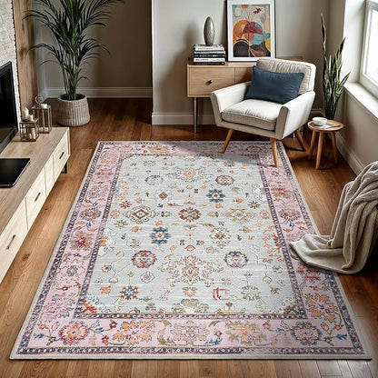 GLN Rugs Traditional Collection - Machine Washable Area Rug, Traditional Washable, Non Slip, Low Pile Chenille Rug, Living Room, Bedroom, Kitchen Rug (8' x 10' Pink/Blue/Multicolor)