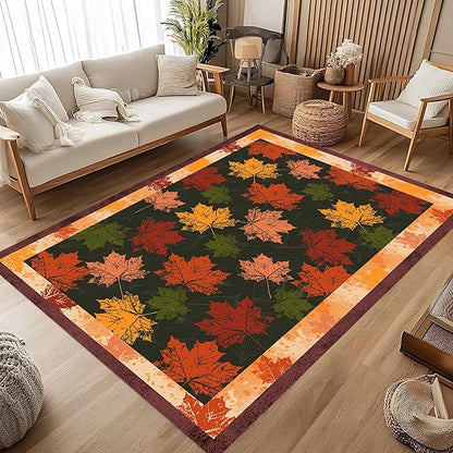 Fall Themed Area Carpet, 5x7ft, Autumn Fallen Leaves Print Pattern Retro Rustic Style Dark Stain Resistant Throw Rug, Low-Profile Non Slip Breathable Floor Mat for Dining Room Laundry