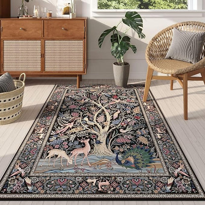 Rugcomf Area Rugs 4x6 Vibrant Tree of Life-Patterned Vintage Washable Rugs Non Slip Low Pile Small Carpet for Bedroom Bedside Kids Room Office Dining Room, Black