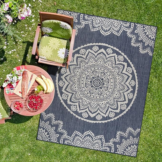 CAMILSON Outdoor Rug 6x9 Modern Area Rugs for Indoor and Outdoor Patios and Porches - Waterproof, Washable, Non-Shedding, Easy-to-Clean Outside Carpet (6 x 9, Medallion - Blue/White)
