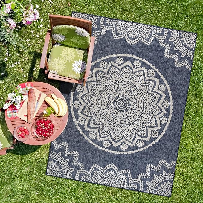 CAMILSON Outdoor Rug 9x12 Modern Area Rugs for Large Indoor and Outdoor Patios and Porches - Waterproof Washable Non-Shedding, Easy-to-Clean Outside Carpet (9 x 12, Medallion - Blue/White)