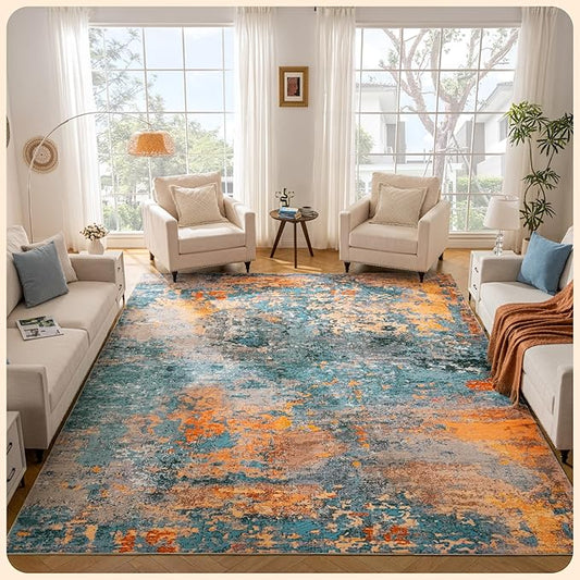 Istana Living Room Rug 10x14 - Multi/Blue 10 x 14 Area Rug - Foldable Machine Washable Area Rugs 10x14 - Stylish 10x14 Area Rugs Boho - Stain Resistant Washable Rug 10x14