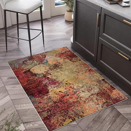 Arbosofe Modern Abstract Area Rug 2'x3' Washable Small Entry Rug, Short Pile with Non-Slip Backing Throw Rugs, Foldable Kitchen Bathroom Rugs, Small Rug with Abstract Pattern for Entryway Red Orange
