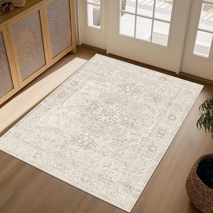 FMFUNCTEX 3x5 Washable Area Rug Beige Vintage Neutral Distressed Non Slip Low Pile Traditional Retro Indoor Carpet for Entryway Entrance Soft Rug Living Room Bedroom Kitchen Dining Office Laundry