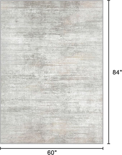 Bavni 5x7 Rug, Abstract Machine Washable Rug Non-Slip, Soft Modern Lightweight Area Rug, Stain Resistant Rugs for Living Room, Bedroom, Dining Room, White/Grey