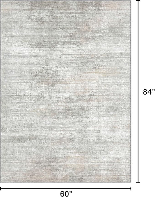 Bavni 5x7 Rug, Abstract Machine Washable Rug Non-Slip, Soft Modern Lightweight Area Rug, Stain Resistant Rugs for Living Room, Bedroom, Dining Room, White/Grey