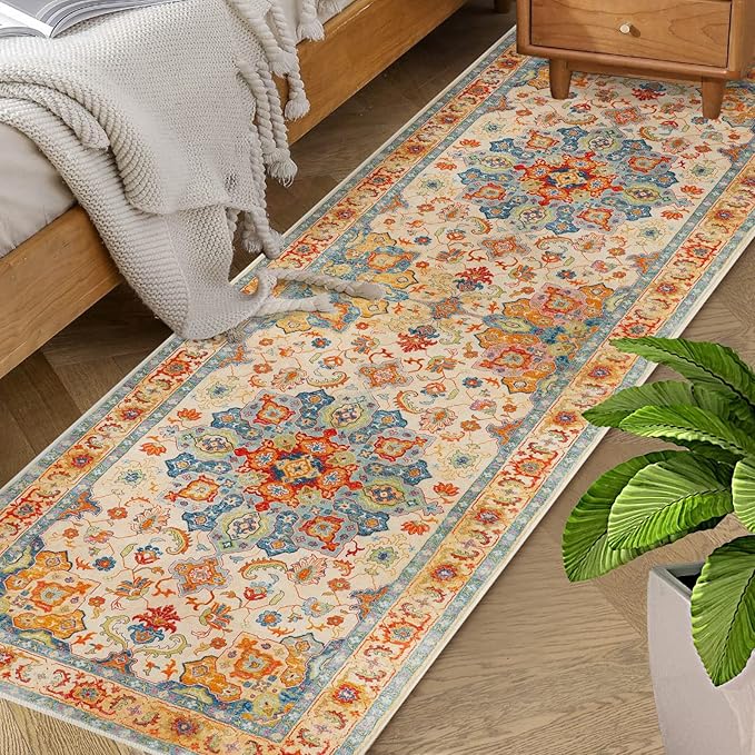 COMSLE Boho Runner Rug, 2' x 6' Washable Area Rugs for Hallway Faux Wool Small Distressed Indoor Door Mat Non-Slip Laundry Room Kitchen Carpet for Entryway Bedroom