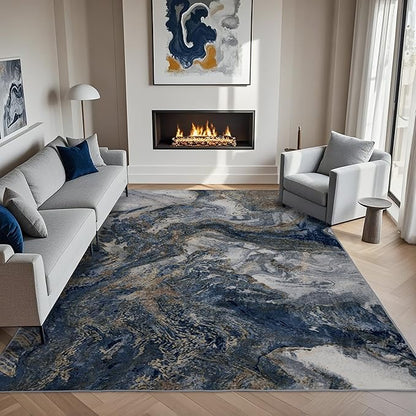 Modern Washable Rug for Living Room: Abstract 6x9 Area Rugs for Bedroom Low Pile Non Slip - Stain Resistant Carpet for Dining Room Indoor - Blue Gold