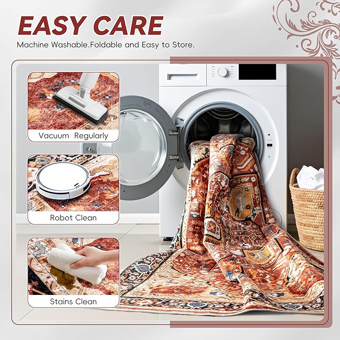EnHomee 3x5 Washable Area Rugs for Bedroom, Boho Vintage Rugs, Foldable Area Rug for Dining Room, Non-Slip Soft Living Room Rug, Low Pile Large Carpet for Bathroom, Red