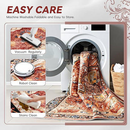 EnHomee 4x6 Washable Area Rugs for Bedroom, Boho Vintage Rugs, Foldable Area Rug for Dining Room, Non-Slip Soft Living Room Rug, Low Pile Large Carpet for Bathroom, Red