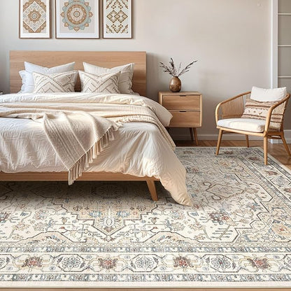7x9 Area Rug Living Room: Washable Boho Large Neutral Vintage Soft Rugs Stain Resistant Farmhouse Non Slip Indoor Floor Carpet for Bedroom Nursery Kids Playroom Office Dining Room- Cream Blue