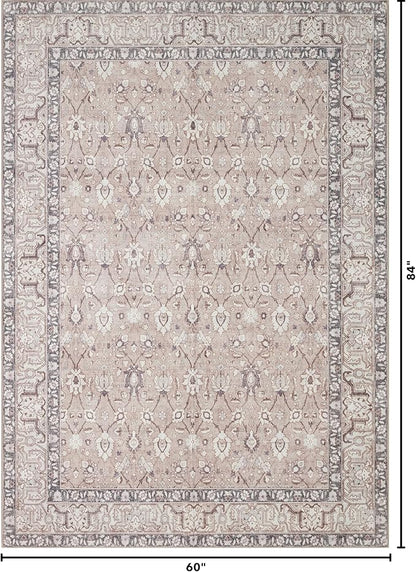 Kuden 5x7 Area Rug, Machine Washable Area Rug with Non-Slip Backing, Vintage Style, Soft, Easy Clean, Low Pile Rug for Living Room, Bedroom, Dining Room