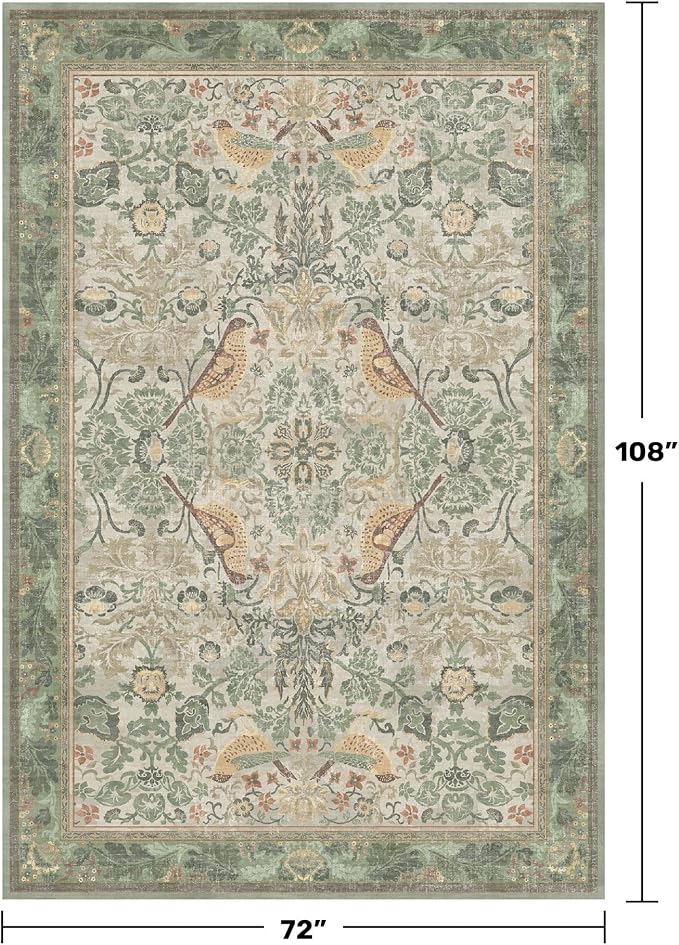 Washable Living Room Rug 6x9 - Sage Floral Nature Rugs for Bedroom, Dining Room Kitchen Table Rug for Under Table, Office, Stain Resistant Non-Slip Large - Sage Green