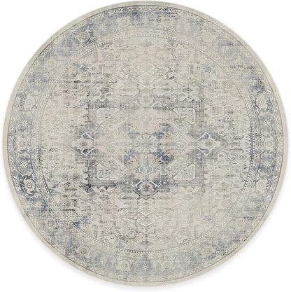 RUGGABLE Washable Vintage Area Rug – Kamran Blue Quartz 8 ft Round, Stain-Resistant, Non-Slip – Large Machine Washable Rugs for Living Room, Bedroom, Hallway, Entryway & Office–with Standard Pad