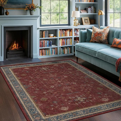 5x7 Boho Dark Red Rug for Living Room - Vintage Oriental Revival Low-Pile Carpet for Bedroom, Dining Table, Home Office, Machine Washable Area Rug Non-Slip with Rubber Back