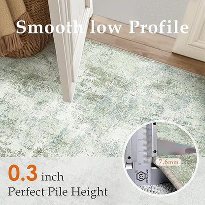 9x12 Washable Area Rug Sage Green Abstract Living Room Bedroom Carpet Neutral Modern Non-Slip Soft Low Pile Lightweight Vacuumable Large Throw Rug for Dining Room