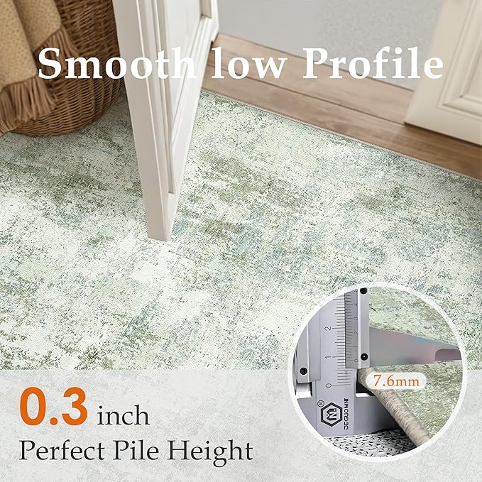 8x10 Washable Area Rug Sage Green Abstract Living Room Bedroom Carpet Neutral Modern Non-Slip Soft Low Pile Lightweight Vacuumable Large Throw Rug for Dining Room