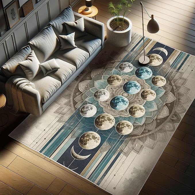 Ambesonne Lunar Art Decorative Rug, Oriental Bohemian Mandala with Moon Phase and Abstract Lines Modern, Quality Carpet for Bedroom Dorm and Living Room, 2' 2" x 3' 7", Cadet Blue and Eggshell