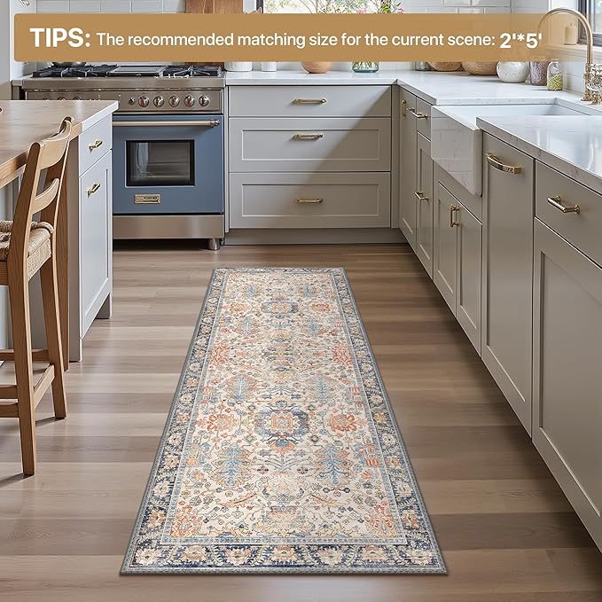 Bavni Runner Rug, Machine Washable Rugs for Bedroom 2x10, Non Slip Boho Rugs with Rubber Backing, Ultra-Thin Folable Rug Runner for Hallways Bathroom, Teal/Multi