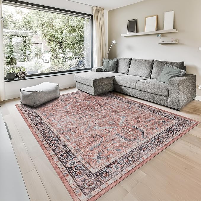GLN Rugs Traditional Collection - Machine Washable Area Rug, Traditional Washable, Non Slip, Low Pile Chenille Rug, Living Room, Bedroom, Kitchen Rug (5' x 7' Terra/Multicolor 1168)