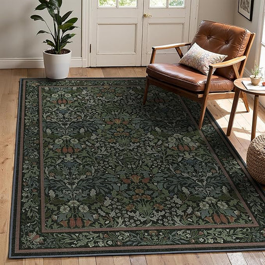 Bavni Floral Dark Green Area Rugs 5x7, Vintage Boho Carpet Machine Washable, Non Slip Soft Low Pile Thin Rug for Bedroom, Living Room, Dining Room, Nursery