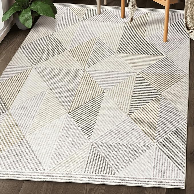 ReaLife Rugs Machine Washable Area Rug Runner - Living Room Bedroom Bathroom Kitchen Entryway Office - Padded Low Pile Stain Resistant Premium - Modern Geometric Contemporary - Miles - Beige 3' x 5'