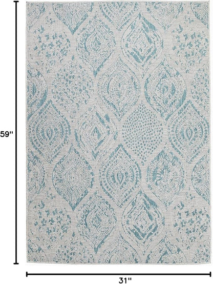 FH Home Flat Woven Outdoor Rug - Waterproof, Easy to Clean, Stain resistant - Premium Polypropylene Yarn - Distressed Farmhouse - Porch, Deck,Balcony,Laundry Room - Granada - Aqua - 2ft 7in x 4ft 11in