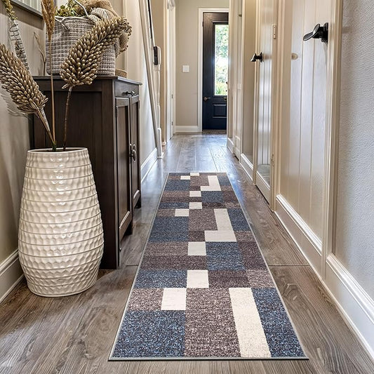 Rugshop Geometric Modern Boxes Design Non-Slip (Non-Skid) Carpet for Hallway,Kitchen,Entryway Runner Rug 2'7" x 10' Blue