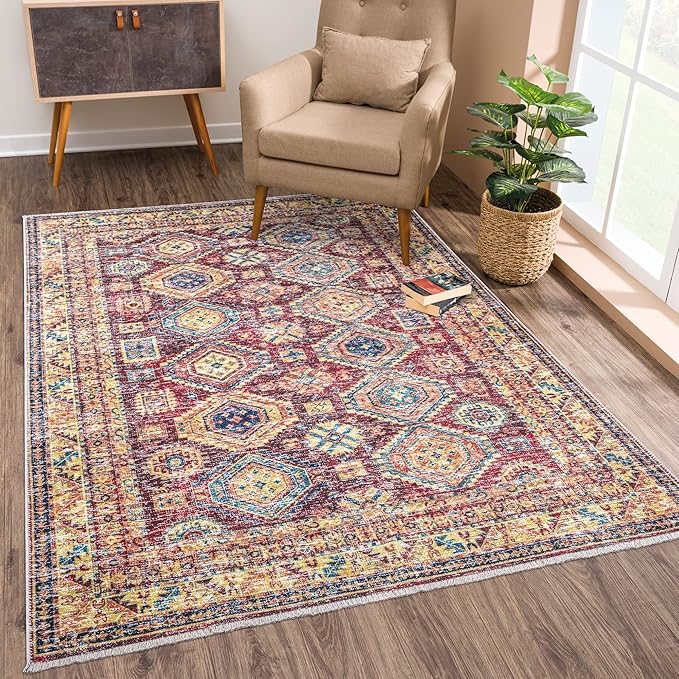 Bloom Rugs Washable Non-Slip 2x3 Rug - Dark Red/Multicolor Traditional Oriental Area Rug for Living Room, Bedroom, Dining Room, and Kitchen - Exact Size: 2' x 3'