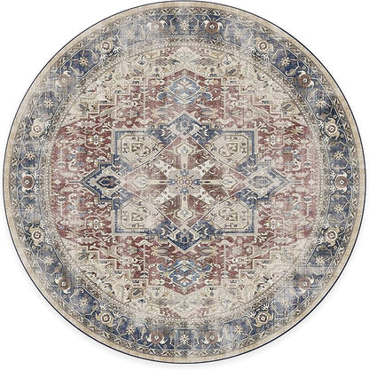 RUGGABLE Washable Vintage Area Rug – Kamran Royal Blue 8 ft Round, Stain-Resistant, Non-Slip – Large Machine Washable Rugs for Living Room, Bedroom, Hallway, Entryway & Office–with Standard Pad