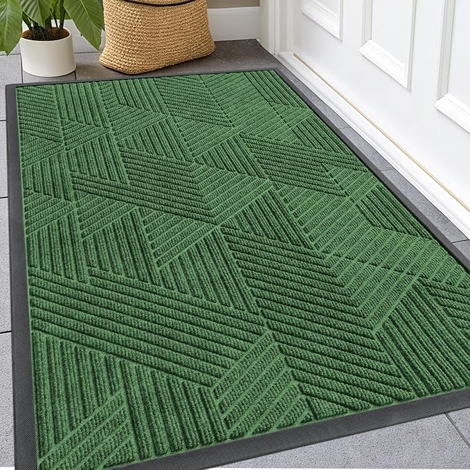 Kitinjoy Front Door Mat Outside Entrance, Sturdy Natural Dirt Trapper, Heavy Duty Rubber Doormat, Low Profile Non-Slip Backing, Easy Clean Floor Mat for Indoor Outdoor Entry, 47X23 Inch, Green