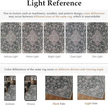 HUGEAR Retro Black Area Rug 5x7 Machine Washable Living Room Rugs Distressed Vintage Floral Low Pile Carpet Bedroom Office Dining Room Laundry Room Non Slip Soft Lightweight