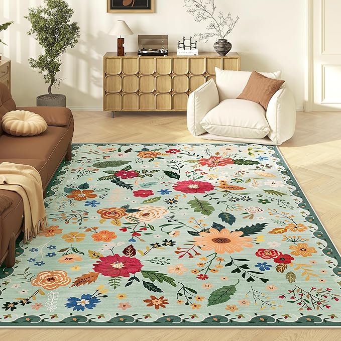 Living Room Rug 6x9 Rug Machine Washable Boho Area Rug Non Slip Floral Vintage Low Pile Large Rugs for Living Room, Bedroom, Farmhouse, Dining Room (Green)