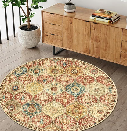 Lahome Moroccan Trellis Washable Round Rugs, Non-Slip Soft Round Rug 4ft Ultra-Thin, Small Vintage Circle Carpet for Entryway Kitchen Bedroom Nursery Bathroom, Red/Orange
