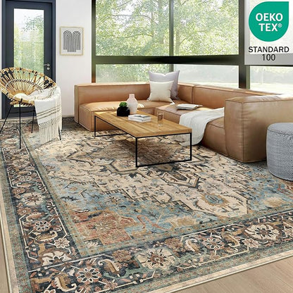 8x10 Machine Washable Area Rug for Living Room, Blue Beige Boho Vintage Floral Rug Large Non-Slip Low Pile Soft Faux Wool Carpet, Kids and Pets Friendly for Bedroom Dining Room Farmhouse Decor Rug