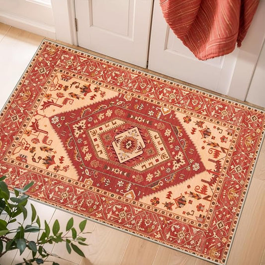 SERISSA Boho Rugs for Entryway, 2x3 Washable Non-Slip Entryway Rug Small Area Rug, Ultra Soft Oriental Vintage Red Beige Low-Pile Indoor Door Mat Floor Carpet for Entrance Bedroom Kitchen Bathroom