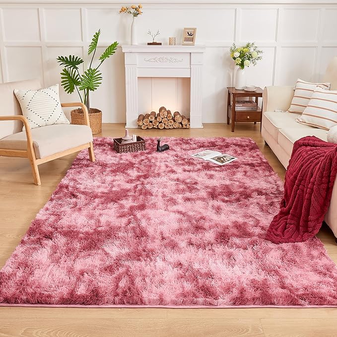 Andency 6x9 Area Rugs, Large Shag Fluffy Soft Shaggy Rugs for Living Room Bedroom, Non-Slip Tie-Dyed Dark Red Thick Plush Carpet for Kids Girls and Boys, Dorm Nursery Home Decor Aesthetic