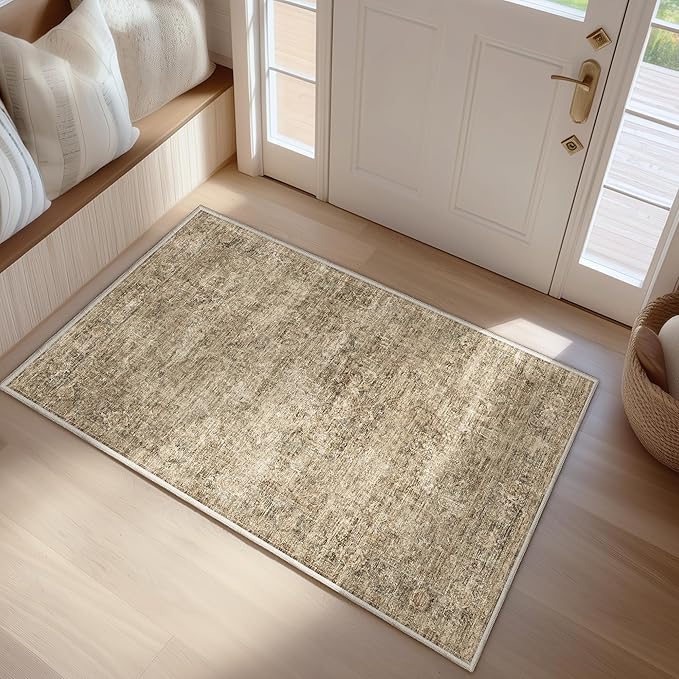 FMFUNCTEX Entryway Rug 2x3 Washable Brown Vintage Distressed Oriental Door Mat Non Slip Low Pile Indoor Carpet Soft Retro Small Throw Area Rugs for Entry Way Entrance Bedroom Kitchen Bathroom Laundry