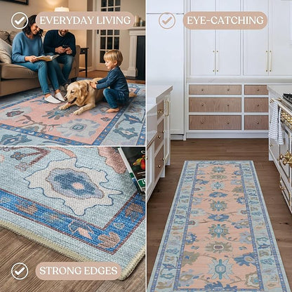Fame Living Modern Oushak Runner Rug, Vintage, Turkish, Eclectic, Floral, Pastel, Washable, Small Throw Rugs, Short Runner for Hallway, Entryway, Laundry, Foyer, Bedroom, Kitchen, Bathroom, 2'5"x6'5"