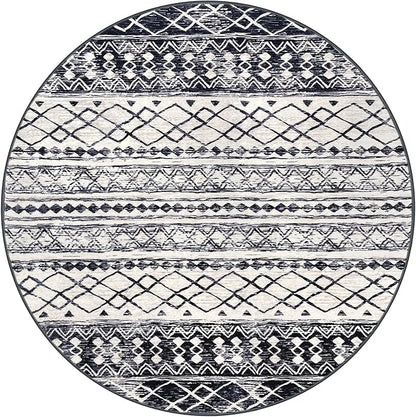 KUTA Round Washable Rug 3Ft Boho Black Navy Blue Entryway Rugs, Moroccan Foyer Kitchen Carpet Non-Slip, Soft Distressed Geometric Low-Pile Circle Throw for Hallway Bedroom Nursery Dorm