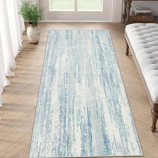 MUJOO Washable Runner Rug 2x6,Modern Abstract Area Rugs for Hallways Kitchen Bedroom Entryway Bathroom Laundry,Non Slip Carpet Long Mat Indoor,Low Pile Throw Rug Accent Neutral Blue
