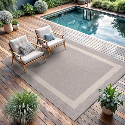 CAMILSON Outdoor Rug 5x7,Modern Outside Rugs for Patios Porches Waterproof Durable Washable Non-Shedding, Easy-to-Clean Indoor Outdoor Area Carpet (5 x 7, Bordered - Gray/White)