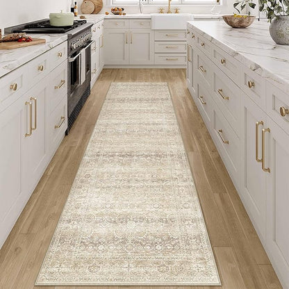 HUGEAR 2x8 Area Rug Beige Vintage Neutral Washable Runner Rug Non Slip Soft Distressed Carpet Low Pile Pet Friendly for Kitchen Hallway Porch Foyer