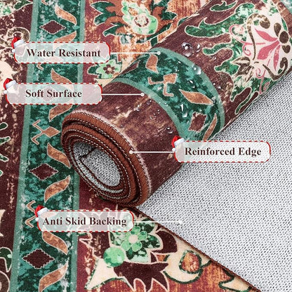 U'Artlines Boho Vintage Round Area Rug 4ft Machine Washable Low Pile Soft Floor Carpet Non Slip Non Shedding Accent Rug for Living Room Bedroom Entryway Dining Room Office Rust＆Teal