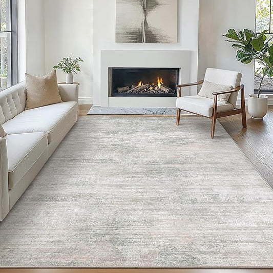 Bavni 5x7 Rug, Abstract Machine Washable Rug Non-Slip, Soft Modern Lightweight Area Rug, Stain Resistant Rugs for Living Room, Bedroom, Dining Room, White/Grey